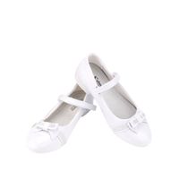 Chaussures Ballerines Cérémonie Fille - Blanc - Cuir - Noeud Strass Argenté - Tailles 26 à 31