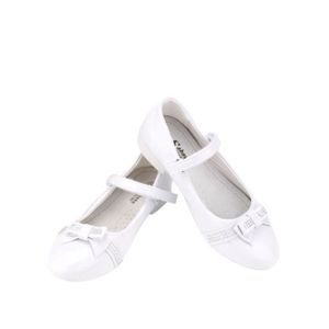 BALLERINE Chaussures Ballerines Cérémonie Fille - Blanc - Cuir - Noeud Strass Argenté - Tailles 26 à 31