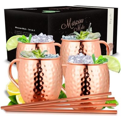 Lot De 4 Mugs Moscow Mule En Cuivre 530ml - Avec Doseur Et Pailles - SuproBarware