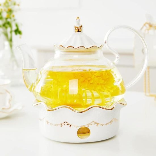 Réchaud à Théière En Céramique Blanc - Motif Floral Ajouré - Support Bougie Pour Garder Thé Café Chaud - Décoration Table Élégante