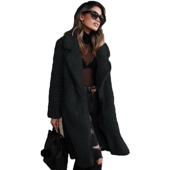 Parka femme a texture effet mouton fourrure fausse manteau col a revers Couleur unie simplicite blouson fourrure femme Noir noir Noir noir Cdiscount Pret a Porter