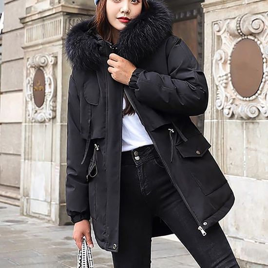 Manteau Femme Epaississement d hiver et velours gardant au chaud decontracte avec chapeau Noir