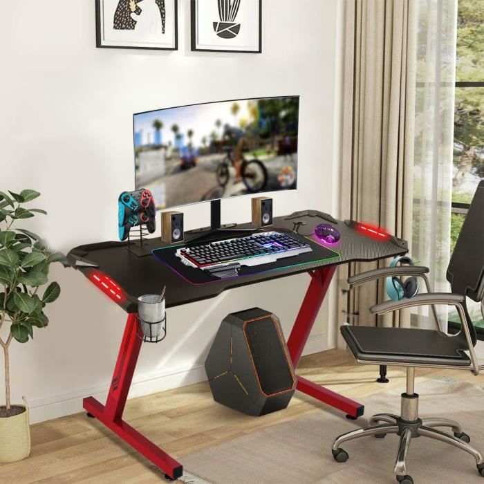 Bureau Gamer à LED Bureau Gaming avec crochet pour casque, porte-gobelet, armure, deux jeux d'autocollants 108x58x75cm Rouge