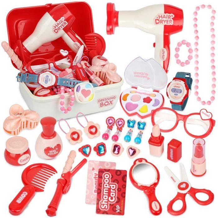 Kit de Maquillage Coffrets de Bijoux Fille Pretend Princesse Valise avec 28 Pièces pour 3 Ans Enfants