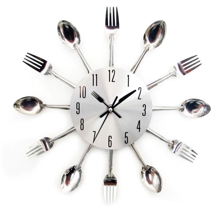 Horloge,Unique grand argent cuisine vaisselle salon moderne cuillère horloge murale décoration couverts métal silencieux 3D élégant