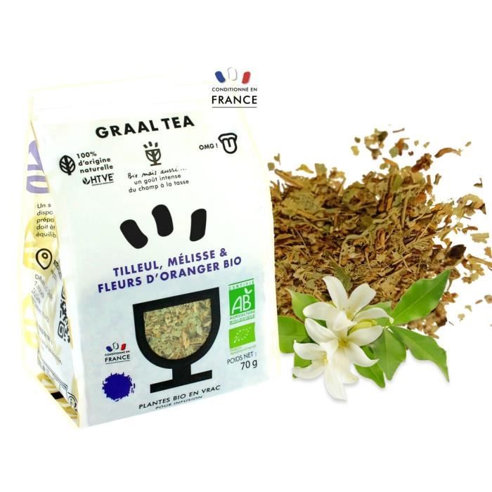 GRAALTEA - Infusion Dégustation - Tilleul Mélisse & Fleurs d'Oranger BIO en Vrac - 100% d'Origine Naturelle - Made in France - 1 Paq