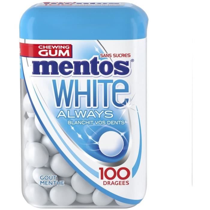 MENTOS GUM WHITE ALWAYS Bottle de 100 dragées sans sucres - Menthe