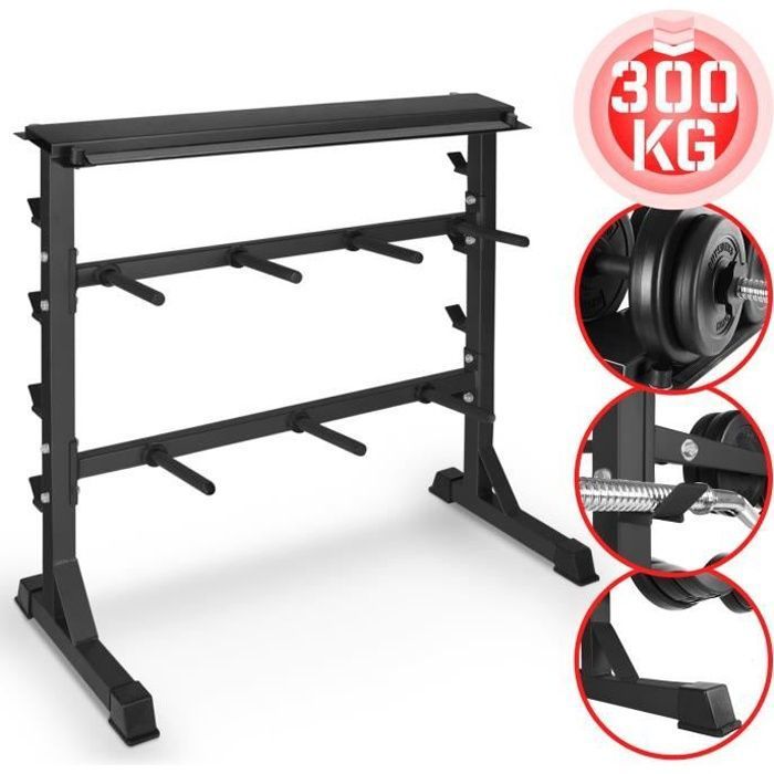 Physionics® Support pour Haltères - Musculation, Charge Max. 300kg, 98x95x48cm, en Acier, Noir - Rack de Rangement, Repose Barre