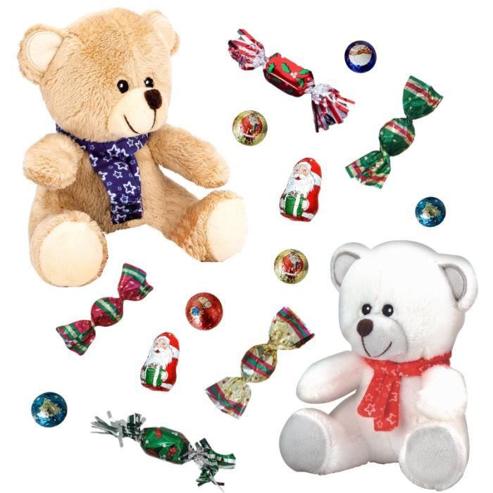2 peluches oursons accompagnées d'un sachet de 20 chocolats de Noël
