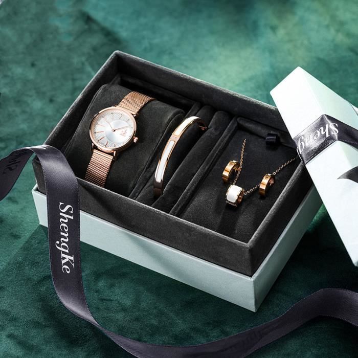 Coffret Cadeau Montres Femmes + Collier + Bracelet + Boucles d'oreilles - Bijoux Femme Luxe de 5 Pièces