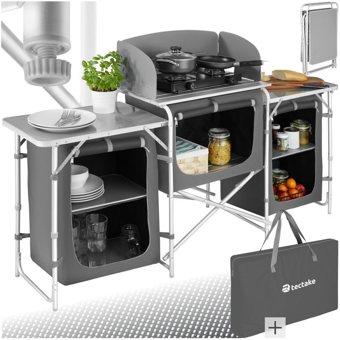 TECTAKE Cuisine d’Extérieur, Cuisine de Camping Pliante, Meuble Camping de Rangement 164,5 cm x 52 cm x 104 cm