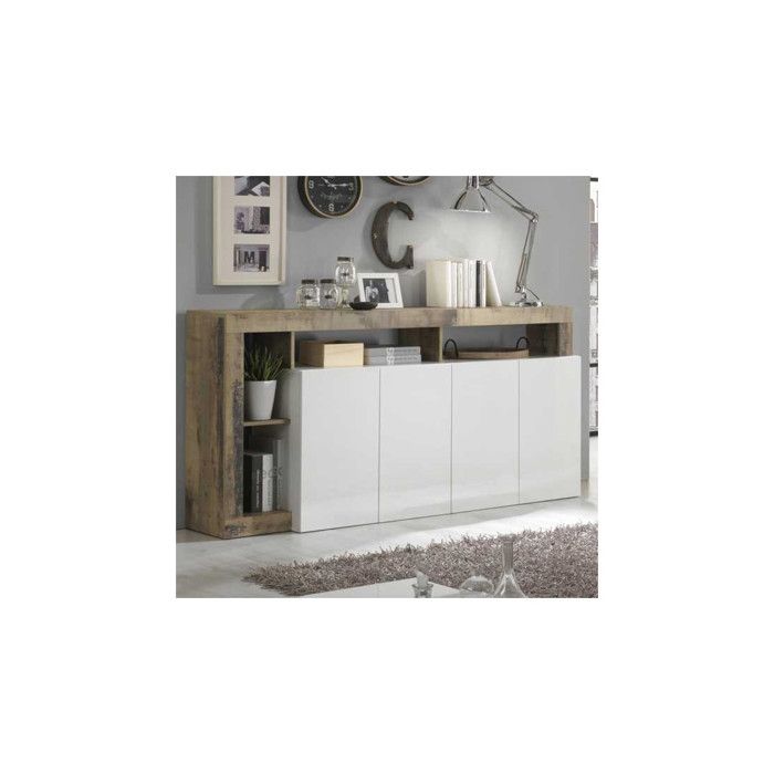 Buffet 4 portes Blanc laqué brillant/Bois fumé - ISCHIA - L 184 x l 42 x H 93
