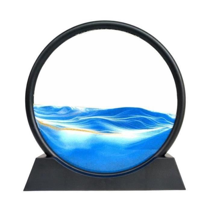 PC40524-Ronde Glasss Sable Mouvant Art Image 3D Effet Dynamique Profonde Mer Sandscape Sable Qui Coule Art, Cadeau 12 pouces bleu