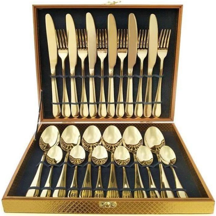 RS12064-Ménagère 24 couverts dorés et modernes pour 6 personnes en acier inoxydable, pour mariage ou tout autre événement