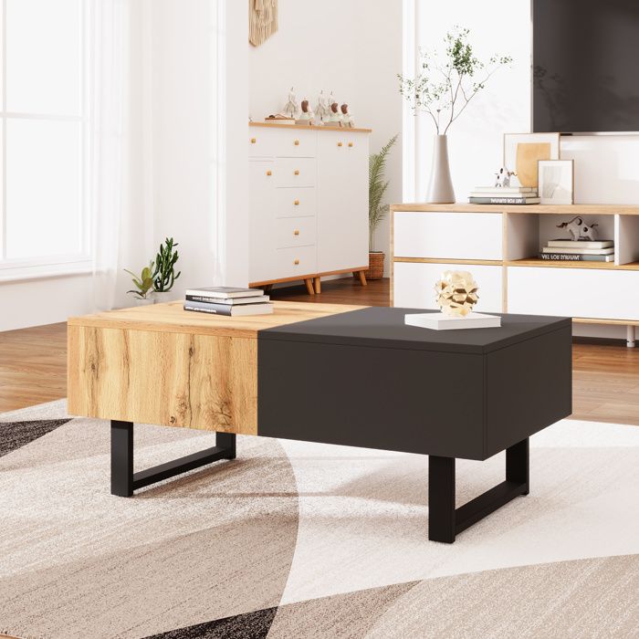 Table basse salon rangement coulissant Push - pull Style industriel Minimaliste métal 100x55x40cm Bois noir
