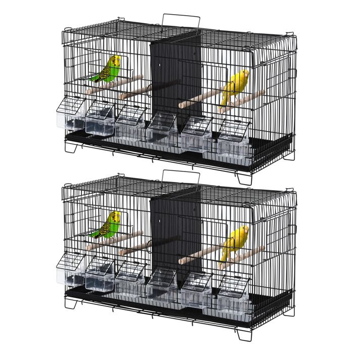 Comparer les prix de Lot de 2 cages à oiseaux PawHut mangeoires perchoirs 8 portes plateau excrément amovible + poignée métal PP noir