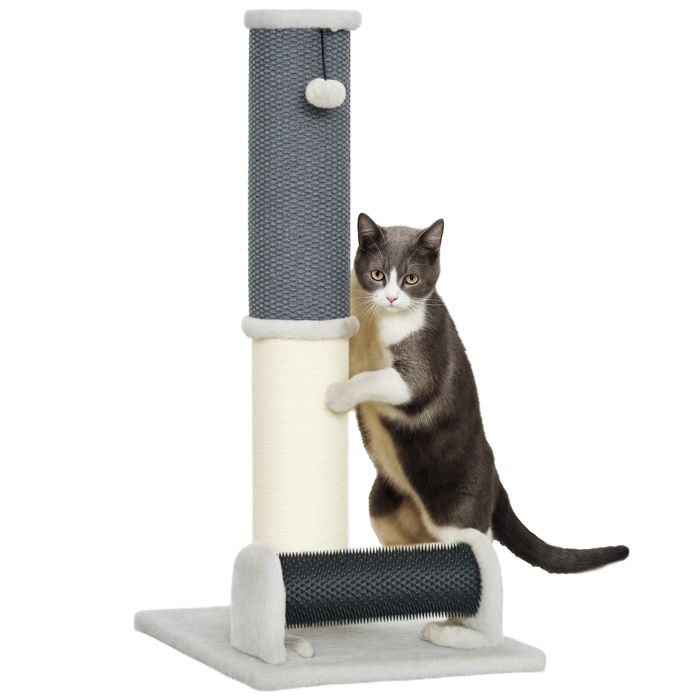 Comparer les prix de Poteau griffoir chat - PawHut - 86 cm - 3 en 1 - grande base tapis à motif ananas brosse de toilettage - intérieur - gris clair