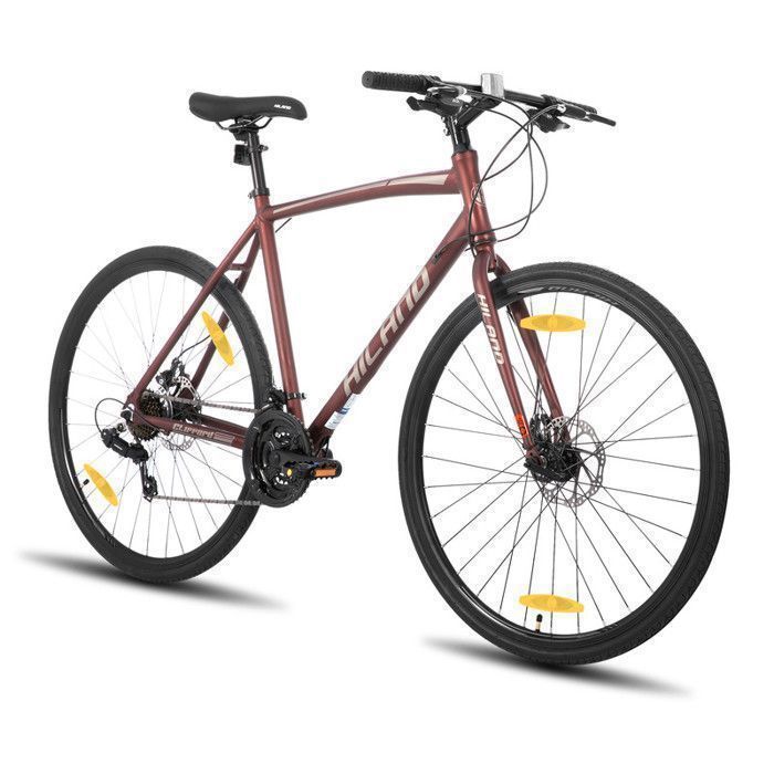 Hiland Vélo de route 28 vélo de ville avec freins à disque pour hommes et femmes Cadre en alliage daluminium，Shimano 21 Speed Rose