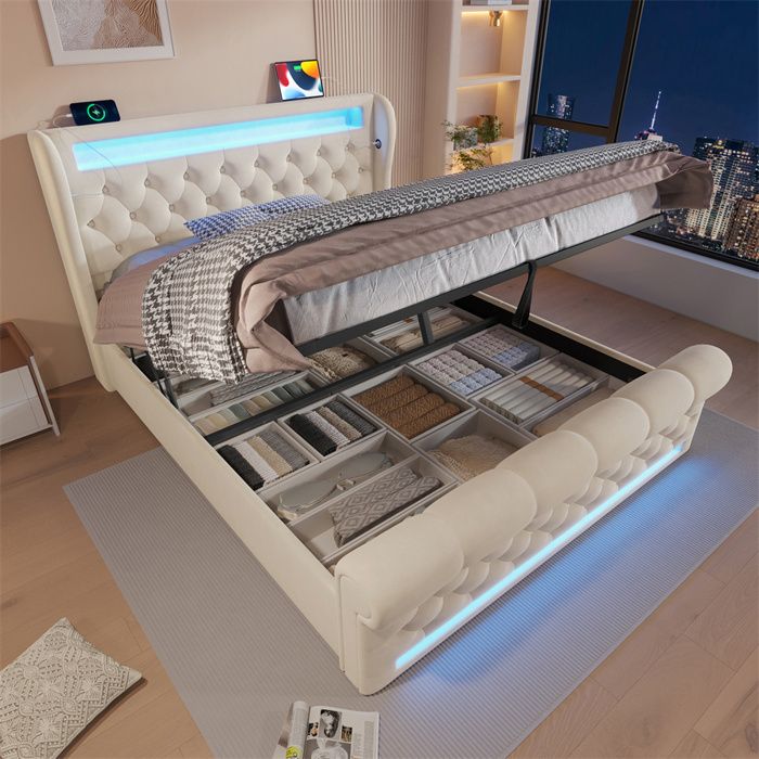 Lit Double avec Rangement Lit Coffre 140x200 avec Sommier et LED Lit 2 Places pour Adulte Ado Ports USB-C Velours Beige Clair