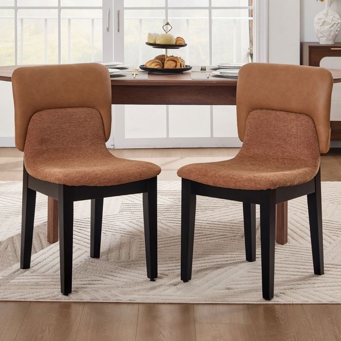 Ya-Home Chaise Salle à Manger Lot de 2 Chaise de Cuisine en Cuir PU et Tissu Chenille Chaise Rembourrée avec Pieds en Bois Marron