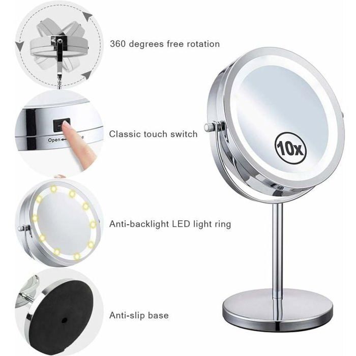 Miroir Grossissant Lumineux 30X/1X Double Face - 64 LEDs, Rechargeable, Rotation 360°, Pour Maquillage Précis