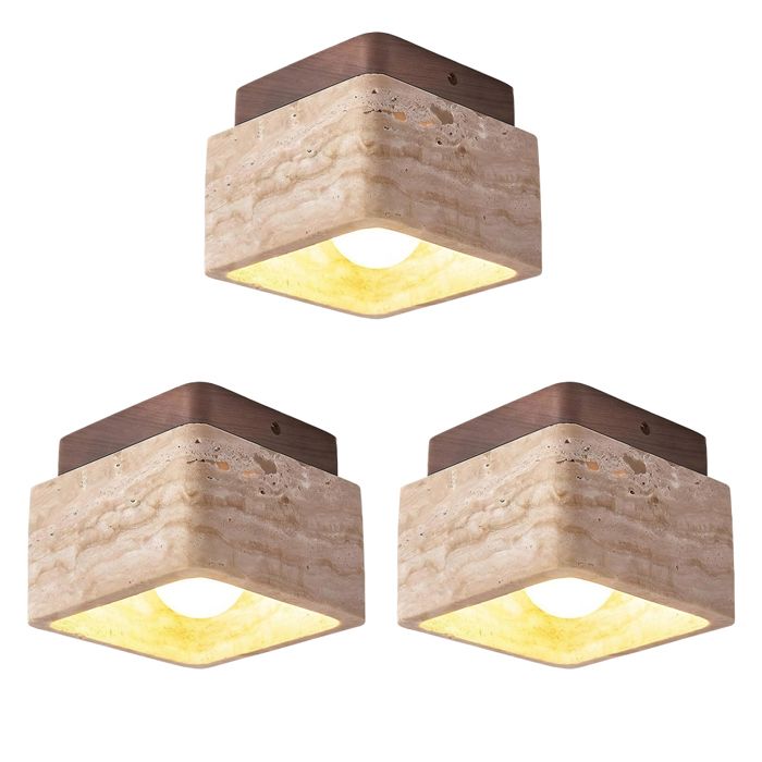 iDEGU 3pcs Plafonnier Vintage Lampe de Plafond Moderne en Travertin Jaune Naturel Lustre Bois Abat-jour en Carre 12*12cm