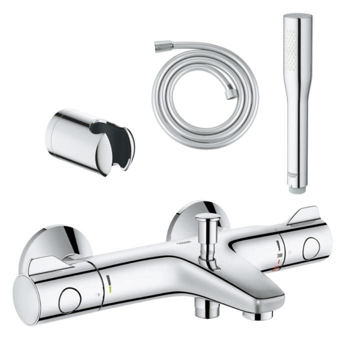 Grohe Pack mitigeur thermostatique Grohtherm 800 + Douchette Get Stick + Flexible1750 mm et support