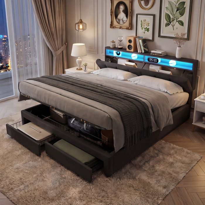 Lit Double Rembourré 160x200 Lit Coffre 160x200 Coffre avec Sommier Lit Capitonné Lit 2 Personnes Gris Lin