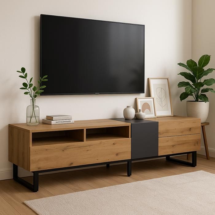 URBAN MEUBLE Meuble TV moderne aux couleurs contrastées avec grain de bois et gris 180 cm URBAN MEUBLE Meuble TV moderne aux couleurs contrastées avec grain de bois et gris 180 cm