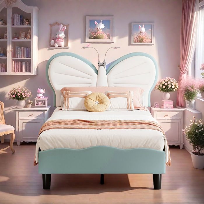 Lit Enfant Lit Fille 90x200 Lit Rembourré avec Lampe de Lecture LED Cadre de Lit 1 Personne avec Sommier PU Tête Réglable Bleu