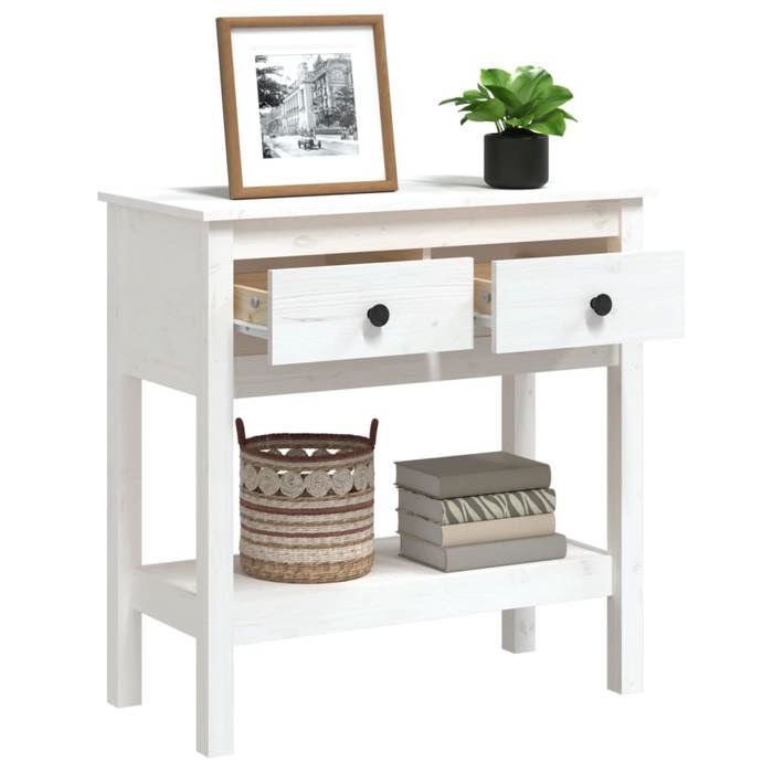 Blanc Table console - CLARENCE - Meuble couloir - Blanc 75x35x75 cm - Bois massif de pin CC659