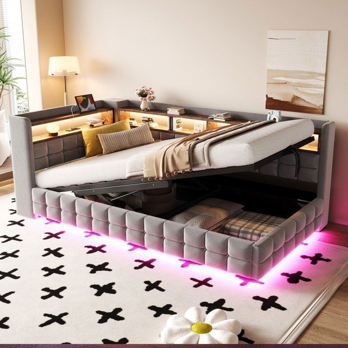 Lit Simple 90x200 avec LED et Rangement Hydraulique - Tissu Velours Gris Clair Tête de Lit avec Prise USB/Type-C Étagères