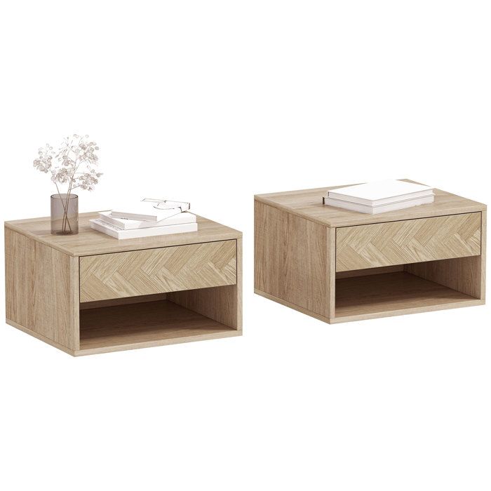 Lot de 2 tables de chevet murales - HOMCOM - tiroir compartiment ouvert plateau - panneau de particules - 37x32x21cm - bois naturel Lot de 2 tables de chevet murales - HOMCOM - tiroir compartiment ouvert plateau - panneau de particules - 37x32x21cm - bois naturel