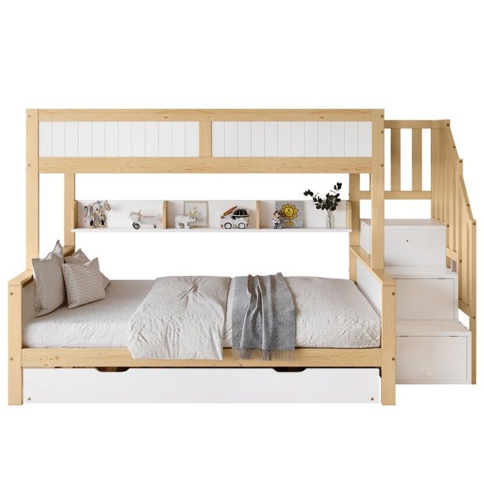 Lits superposés 3en1 sécurisé - Armoire et escalier intégrés - Grille anti-chute pliable - Pin et MDF blanc naturel 90x200120x200