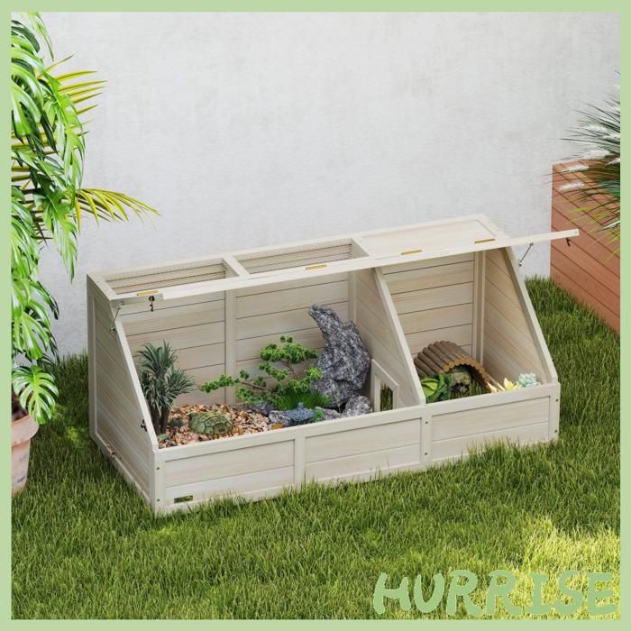 Comparer les prix de Cocosity Maison Enclos Cage Pour Petit Animal Tortue En Bois Avec Couvercle Ouvrable Loquets 2 Espaces Distincts Bois Naturel