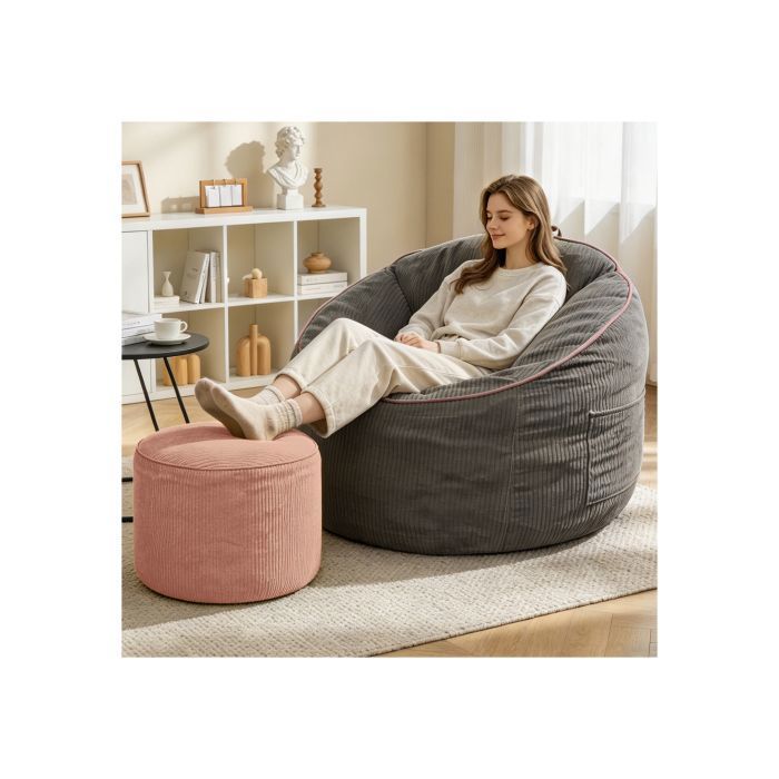 Fauteuil boule ergonomique incurvé avec poche de rangement amovible et pouf cylindrique assorti pour un confort moderne à la maison