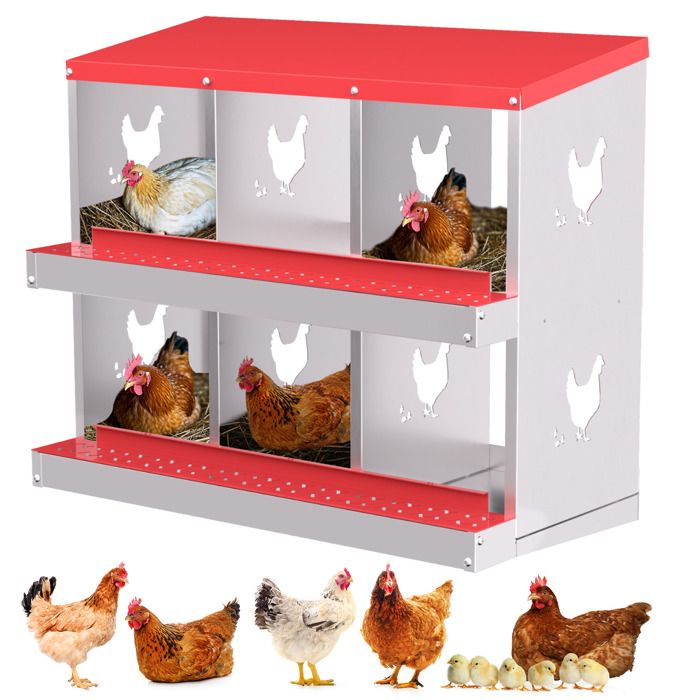 Pondoir Poules Pondeuses 6 Compartiments Poulailler en Acier Galvanisé Collecte des Œufs Couvercle Amovible Pratique Rouge