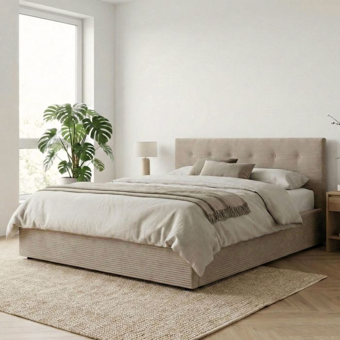 Lit coffre 160x200 velours côtelé taupe avec tête de lit Terre de Nuit