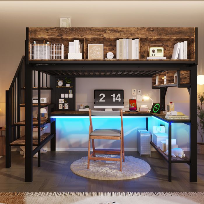 Lit Mezzanine 140x200 avec Bureau Intégré - Lit Superposé 2 Places LED RGB et Prise USB Type-C - Rangement Escalier - Noir