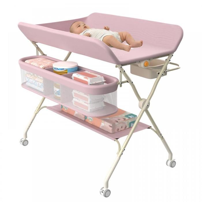 KEDIA Table à langer bébé hauteur réglable rangements pour accessoires bol d’eau étagère à couches (75X68X83)CM rose