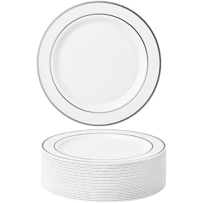 25 Assiettes en Blanc Premium avec Bord Argenté (26cm) - Assiettes Blanches Solides 25 Pièces Assiette Argent 26cm