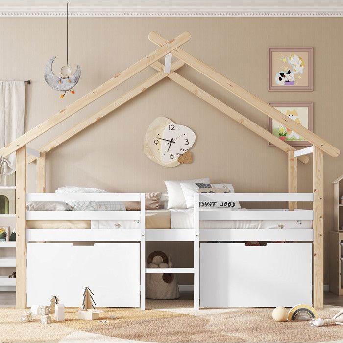 Lit cabane 90 x 200 cm enfant clôture 4 côtés escalier 2 casiers à roulettes cadre en pin et MDF blanc/naturel sans matelas