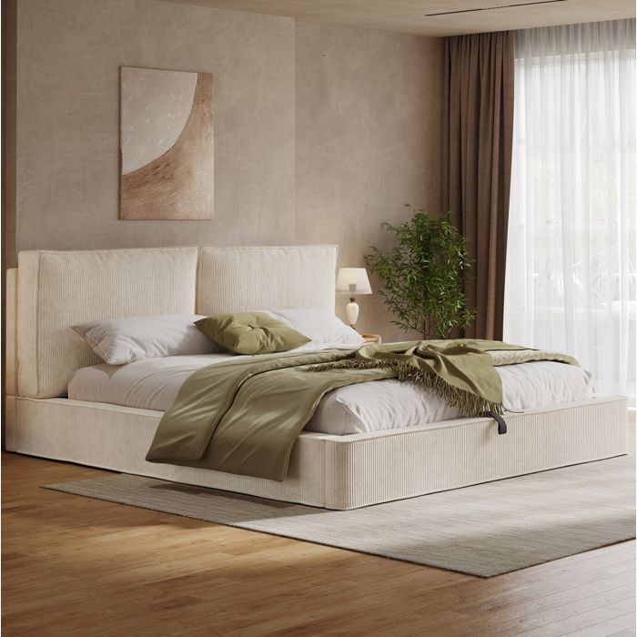 Lit coffre double 180 x 200 cm en velours côtelé beige avec sommier à lattes et ouverture hydraulique