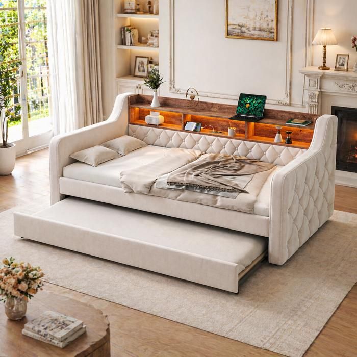 Canapé-lit convertible 90x190 cm en velours beige avec rangement LED dambiance USB-C et lattes en bois