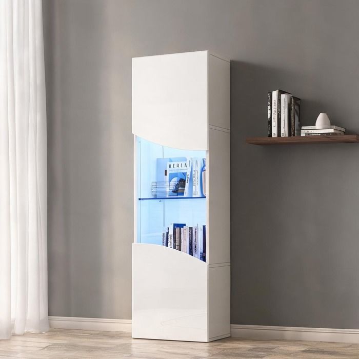 Meuble vitrine haut 35x50x165 cm style italien minimaliste façade courbée blanche laquée brillant et LED