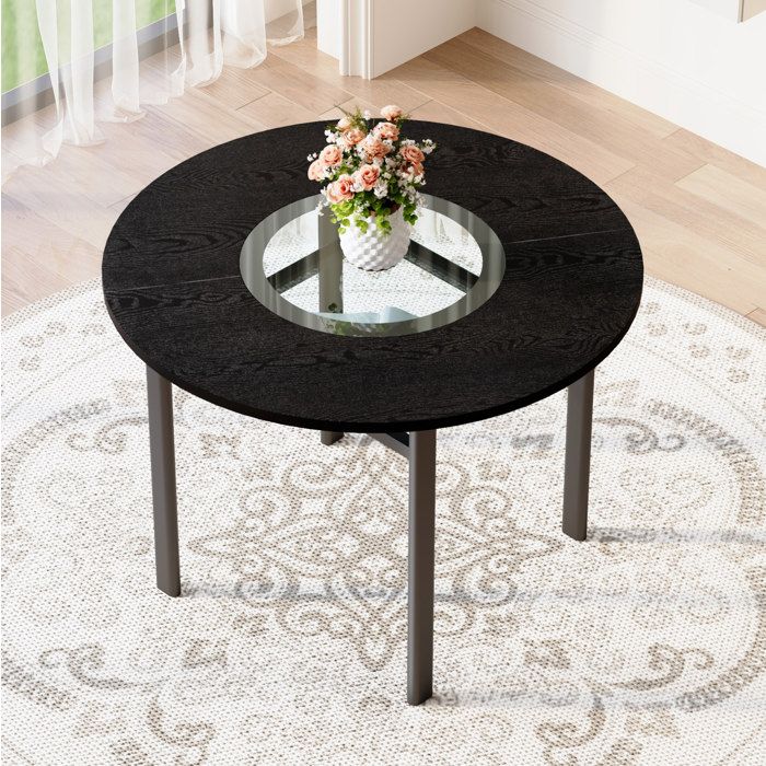 WOVREO Table à manger ronde 100 cm noir décor bois avec verre gris MDF et métal 2 à 4 personnes