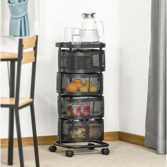 Desserte cuisine 4 niveaux avec paniers maille étagère supérieure roulettes acier noir 33x33x77 cm ORVRYN