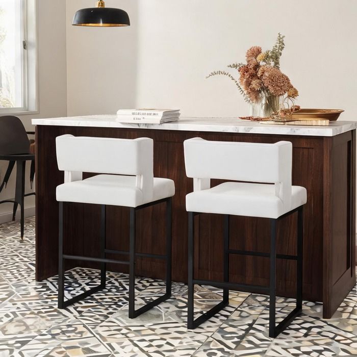 Lot de 2 chaises de bar design nordique – assise carrée simili blanc piétement métal black-toned H 91 4 cm mousse haute densité