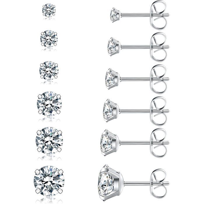 6 Paires Or Argent Clous DOreilles Lot Boucles DOreilles Femme Acier Inoxydable 5A+ Zircone Cubique Piercing Oreille Carti[PP626]