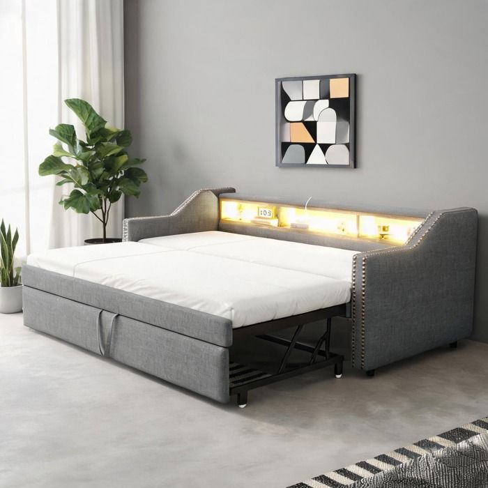 Sofa-lit gigogne en lin gris ardoise 180 x 190 cm avec rangement LED et USB